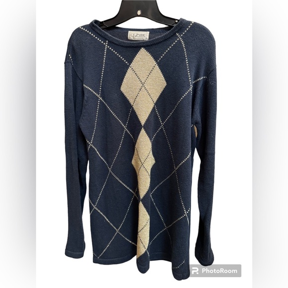 Y2K VINTAGE CEZANNE 1990’s argyle blue gold women's XL Cable Knit Sweater Jumper - Picture 3 of 13